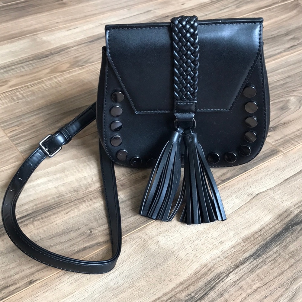 Lionel Black Leather Look Braided and Studded Cross Body Purse with Tassels